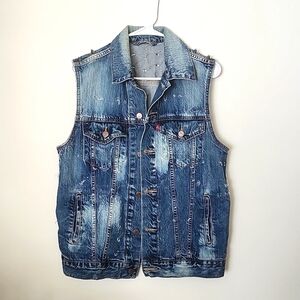 Levi's denim vest, punk grunge silver spikes distressed, button down, unisex